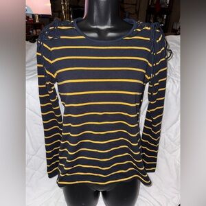 T Tahari Navy & Yellow Stiped Long Sleeve Top
